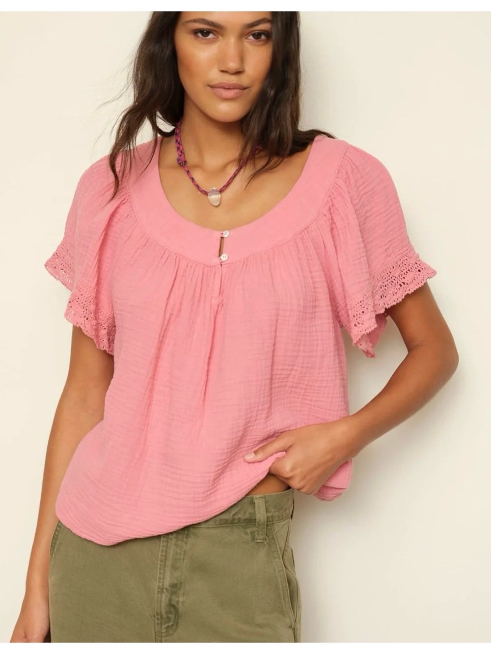Women's Pink Gauze Short-Sleeve Blouse - Lightweight Summer Top